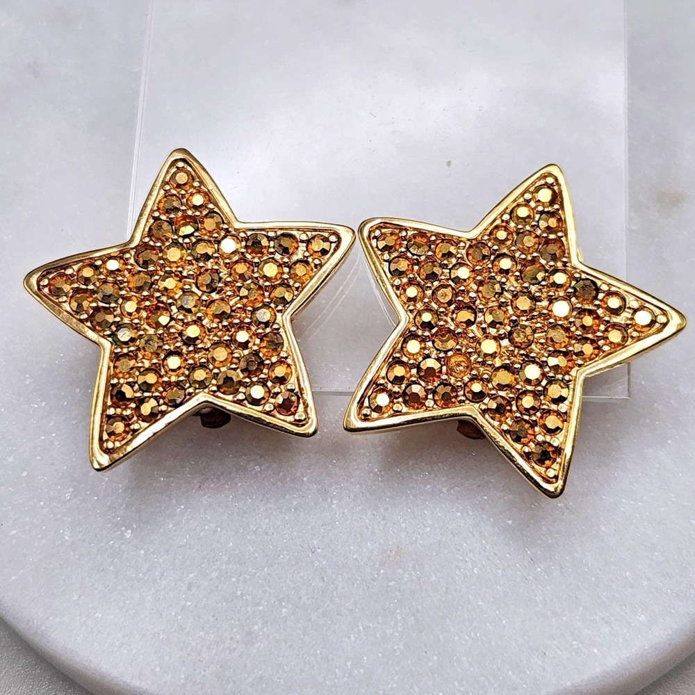 Vintage St. John Earrings Stars Rhinestones Clip Ons RARE